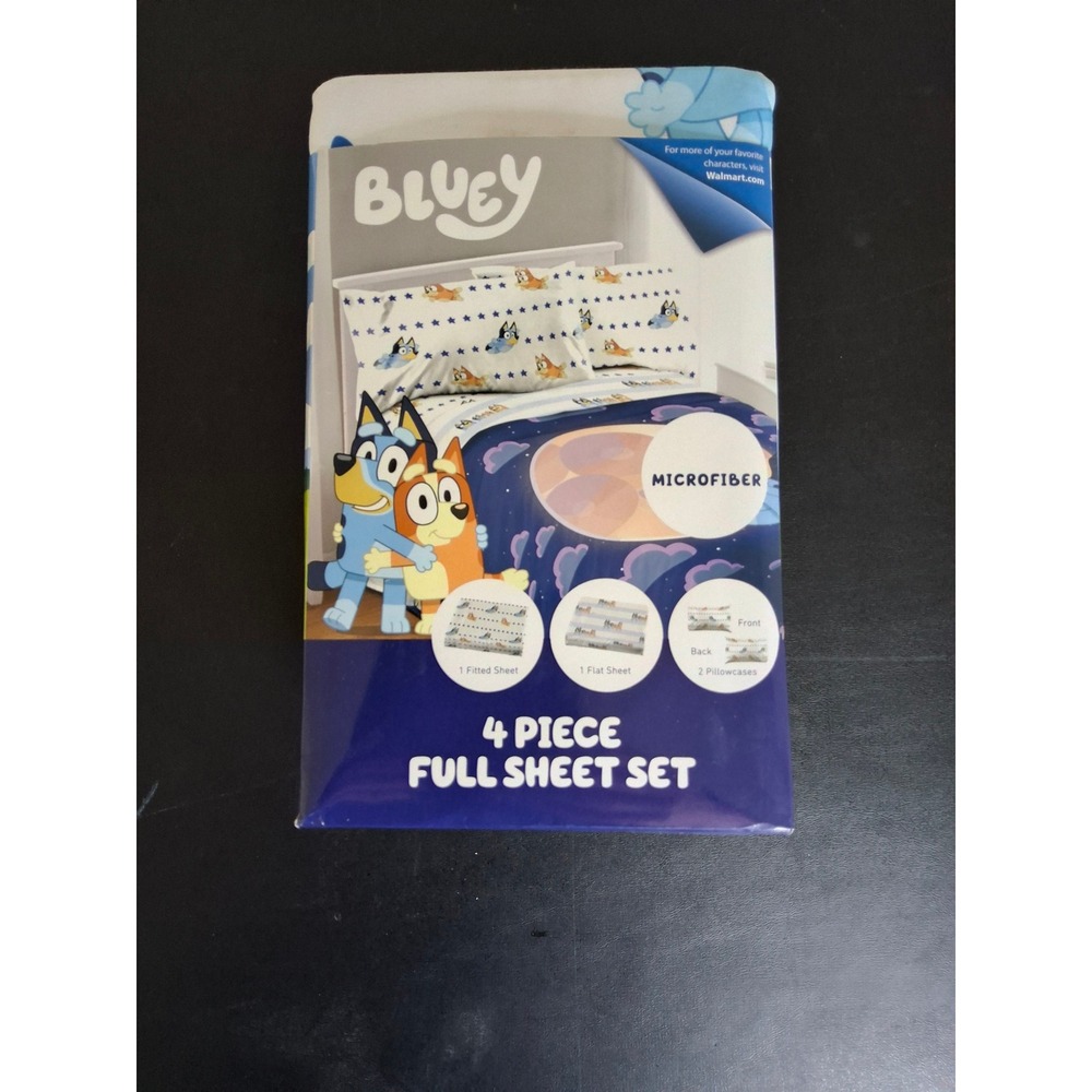 Bluey 4 Piece Full Sheet Set Microfiber Kids Bedding Blue White Bingo Heeler